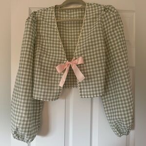 SHEIN Green Gingham Blouse with Pink Bow